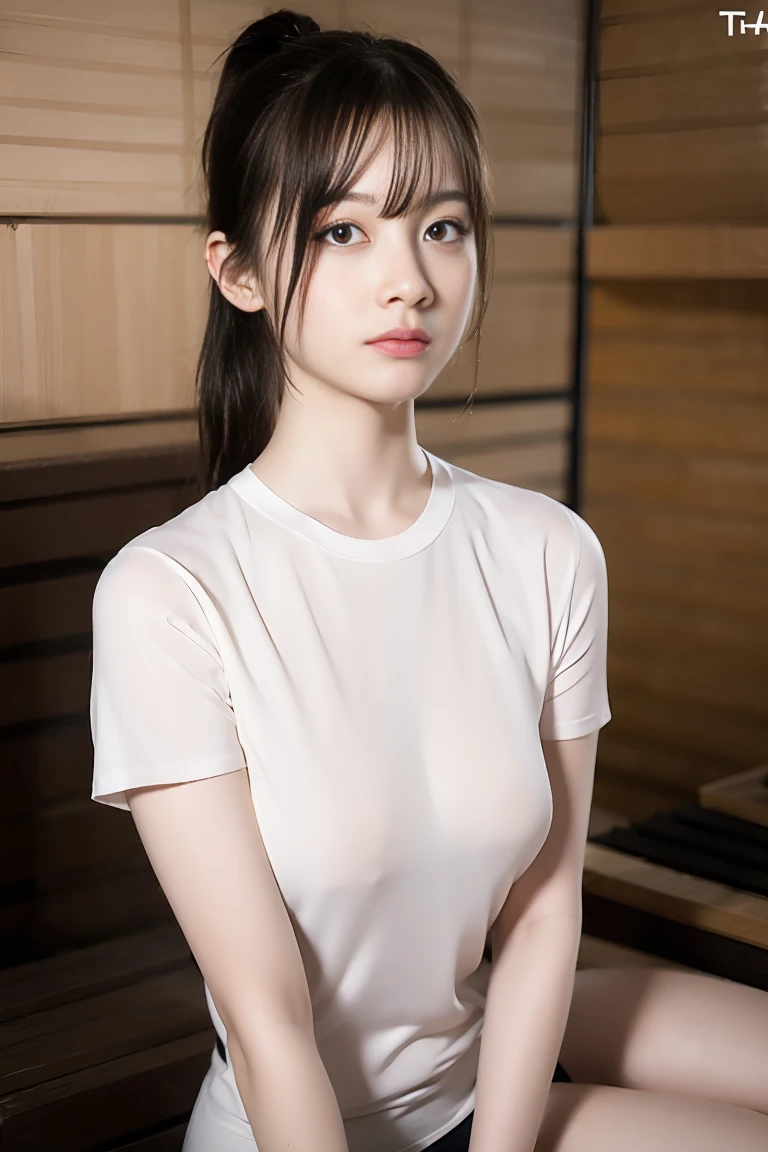 (Realistic、photo Realistic)、1 girl、21 years old、(Black Hair、ponytail), Sit in the sauna, (T-shirt: 1.1), (Browsing Caution:1.3), Beautiful breasts, blush, (Grinning face: 0.4), Make eye contact with the camera、Very detailed、super high quality