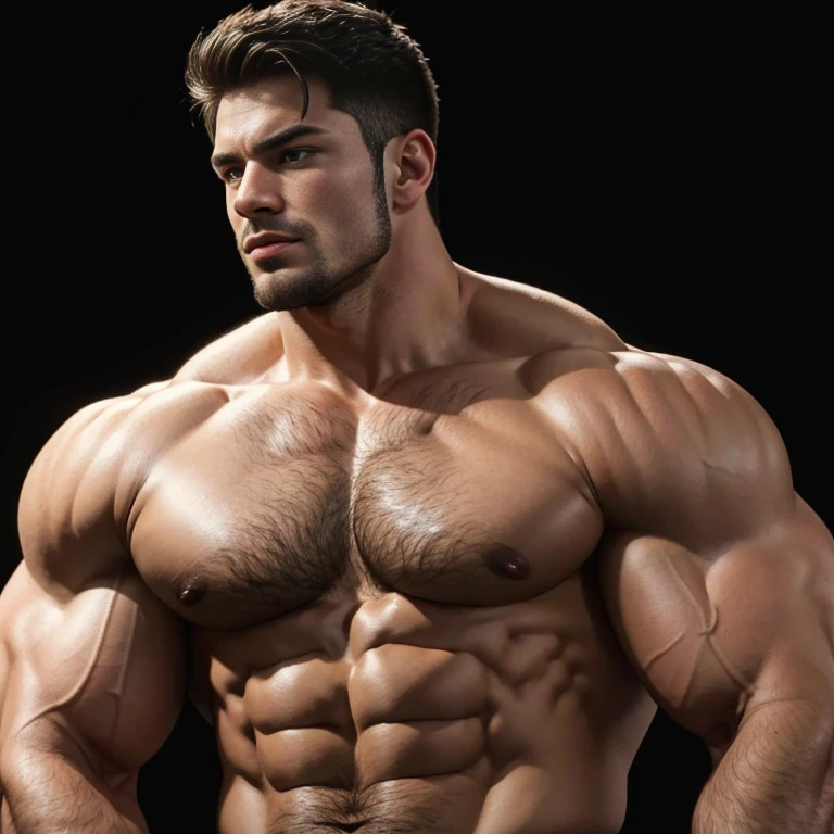 a very handsome young man, shirtless, extremely handsome, very muscular, with very large muscles, defined and muscular body, on a black background