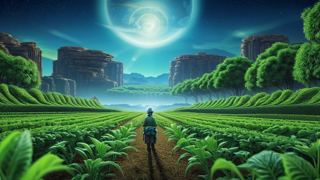 a large, modern living roomA conceptual artwork showing a peaceful alien farming community, where agriculture is based on symbiotic relationships with native species, situated in a valley of bioluminescent plants.