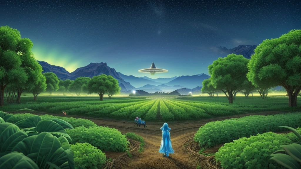 a large, modern living roomA conceptual artwork showing a peaceful alien farming community, where agriculture is based on symbiotic relationships with native species, situated in a valley of bioluminescent plants.