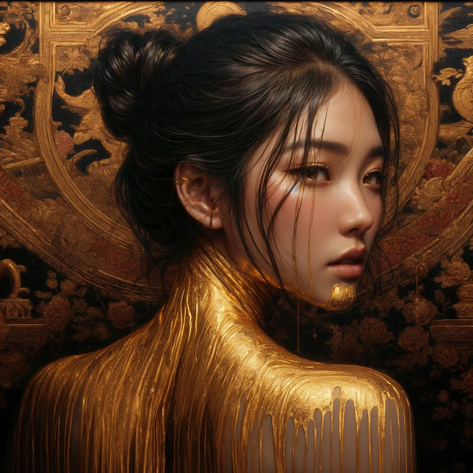 arafed image of a japanese woman with gold paint on her body, draped in shiny golden oil, draped in gold, gilded with gold, jingna zhang, karol bak uhd, golden bodypaint, yanjun chengt, golden skin, artgerm julie bell beeple, gilded, ross tran 8 k, gilded gold, inspired by Chen Rong