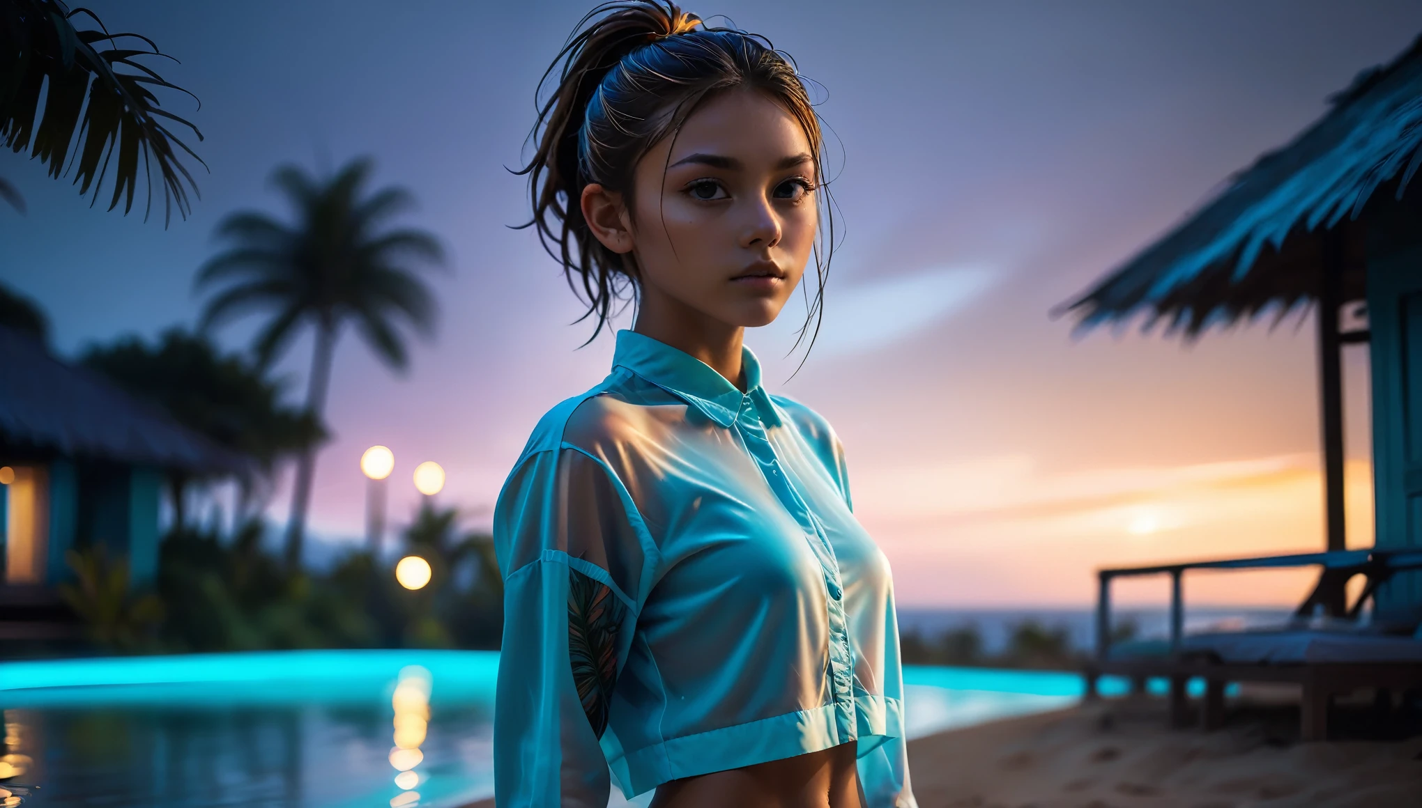 8k, high resolution, masterpiece, ultra-detailed, full body shot (cute girl, young, barely legal, tanned skin), (see-through oversized crop shirt, short, wide neckline, deep neckline, random color, bikini underneath), (cozy cabana, shiny silky sheets, outdoor, tropical ressort after a sunbath, wet, at dusk), (medium breasts, small hips, detailed face, long slick ponytail hair, tattoos), moody atmosphere, random dramatic and neon colors, futuristic setting, intricate details, at night, backlit, full body shot from the side