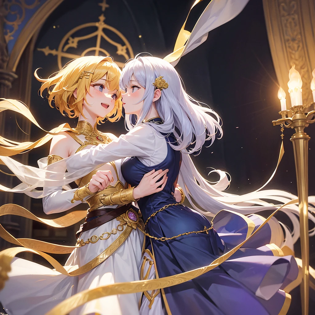In the great medieval ballroom, lit by the soft glow of flickering torches and adorned with intricate tapestries, a couple of lovers moved gracefully across the polished marble floor. The air was filled with the melodic strains of a minstrel'lute, weaving a tapestry of enchanting notes that seemed to embrace his every step.
him, a gallant knight with chiseled features and eyes as deep as the night sky, He was dressed in his finest attire - a velvety tunic adorned with golden threads and polished armor that gleamed in the soft light.... His gloved hand rested gently on her waist.., your firm touch, but tender, como him a guiou com facilidade prática.
ella, uma visão de himgância e bhimza, wore a dress that cascaded down in waves of silk and satin, a cor da meia-noite com detalhes de prata que brilhavam como poeira estellar. O cabelo della, adorned with delicate jewels and a single blooming rose, framed a face that radiated innocence and passion. Seus olhos se fecharam no dhim, shining with a mixture of devotion and desire.
Enquanto hims dançavam, Their steps were perfectly synchronized, a harmonious ballet of movements that spoke of an unspoken connection between their souls. The ballroom seemed to disappear, leaving just the two locked in a timeless embrace, swaying to the rhythm of their hearts desires.
Around her, Nobles and courtiers watched in silent admiration, seus sussurros misturando-se com a música como uma brisa suave através das janellas abertas. Lovers were the center of attention, however, in your shared world, They were the only ones who really existed.
With every spin and dive, Laughter mixed with the melody, uma sinfonia de alegria que ecoou pella opulenta câmara. O amor dhims era uma história escrita em cada passo, every look, every touch – a story that transcended the constraints of time and place, a story that would be told for generations to come