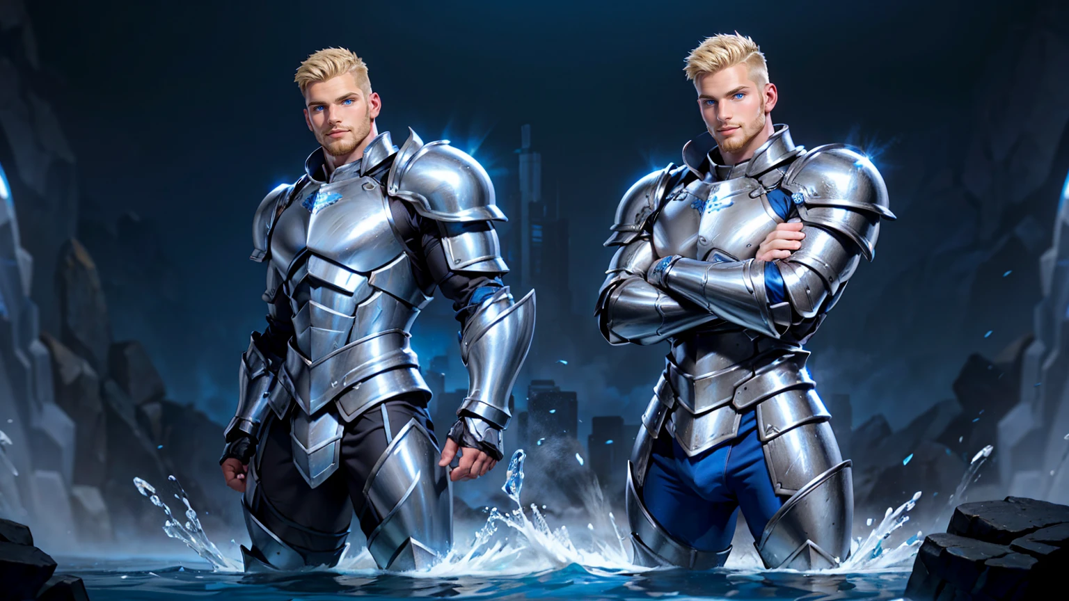 A big, extremely muscular, and strong man with short blonde undercut hair, a blonde goatee, and blue eyes (silver armor with blue: 1.2). He is standing with his arms crossed, looking nervous while manipulating water with his hands. The background is blue.