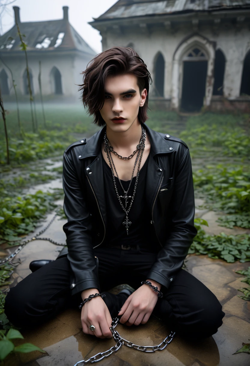 Gothic normal medium haired young men with aesthetic chain necklace is posing laying on the floor in front of the abandoned misty garden