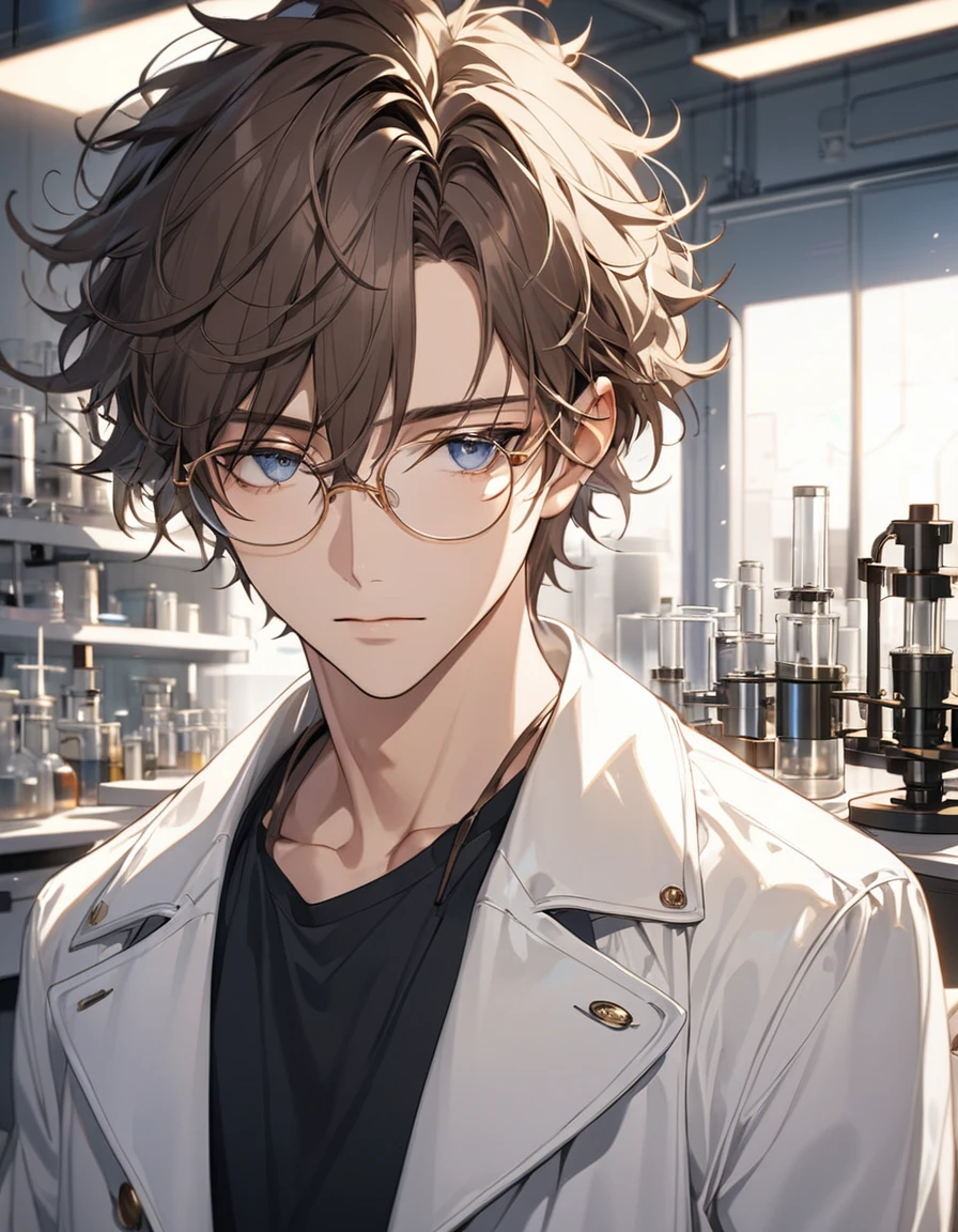 (masterpiece), (best quality), (Super Detail), (Messy hair), (illustration), (A young man), Wearing gold-rimmed glasses, White coat, The background is the laboratory, beautiful eyes, Delicate and handsome face, A sense of shrewdness, (High Saturation), Brown short hair, Optimal lighting, Best shadow,Single bust
