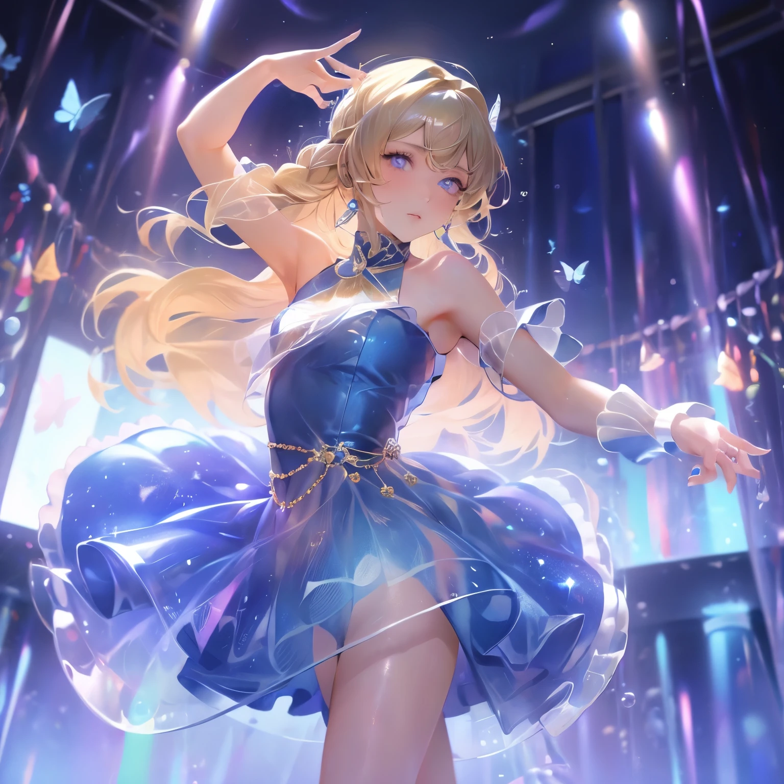 masterpiece, best quality, bubble, Blue Dress, Blonde braids, Pretty Face, Extremely detailed eyes, Dancing，Butterfly