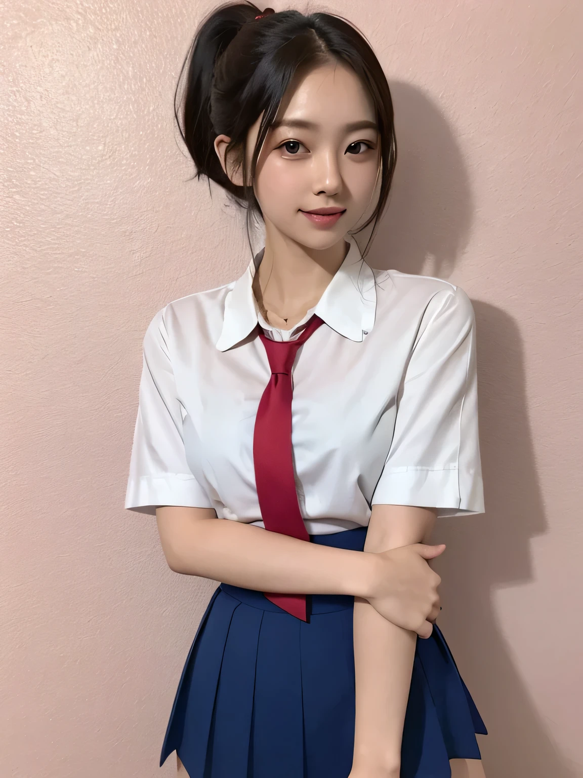 (Highest quality、8k、32K、masterpiece、Hmph:1.2)、Pink Wall、sexy、20-year-old、Cute Japan woman photo、ponytail、sexy、thin、slender、(Bobcut)、(Small breasts)、double eyelid、Red open front shirt、Navy blue tie、Red mini skirt、Thighs、Blue Wall、whole body、smile、sexy、Thighsが見える