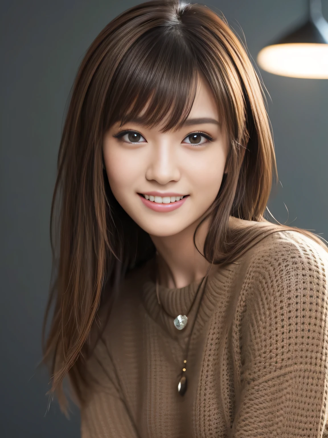 masterpiece, best quality, ultra-detailed, intricately detailed hyperdetailed, realistic, sharp features, highly detailed, sharp focus, Realistic, Photorealistic:1.3, (:1.3), perfect face, perfect symmetrically eyes, perfect full lips, hyper detailed, hyper realistic, high resolution, Fashion Model, Japanese Idol, Slender, brown hair, Stylish, model poses, Beautiful Face, light brown hair, messy hair, asymmetrical bangs, (grin:1.2), (looking at viewer), cinematic lighting, grey background, (Black knit:1.2), portrait