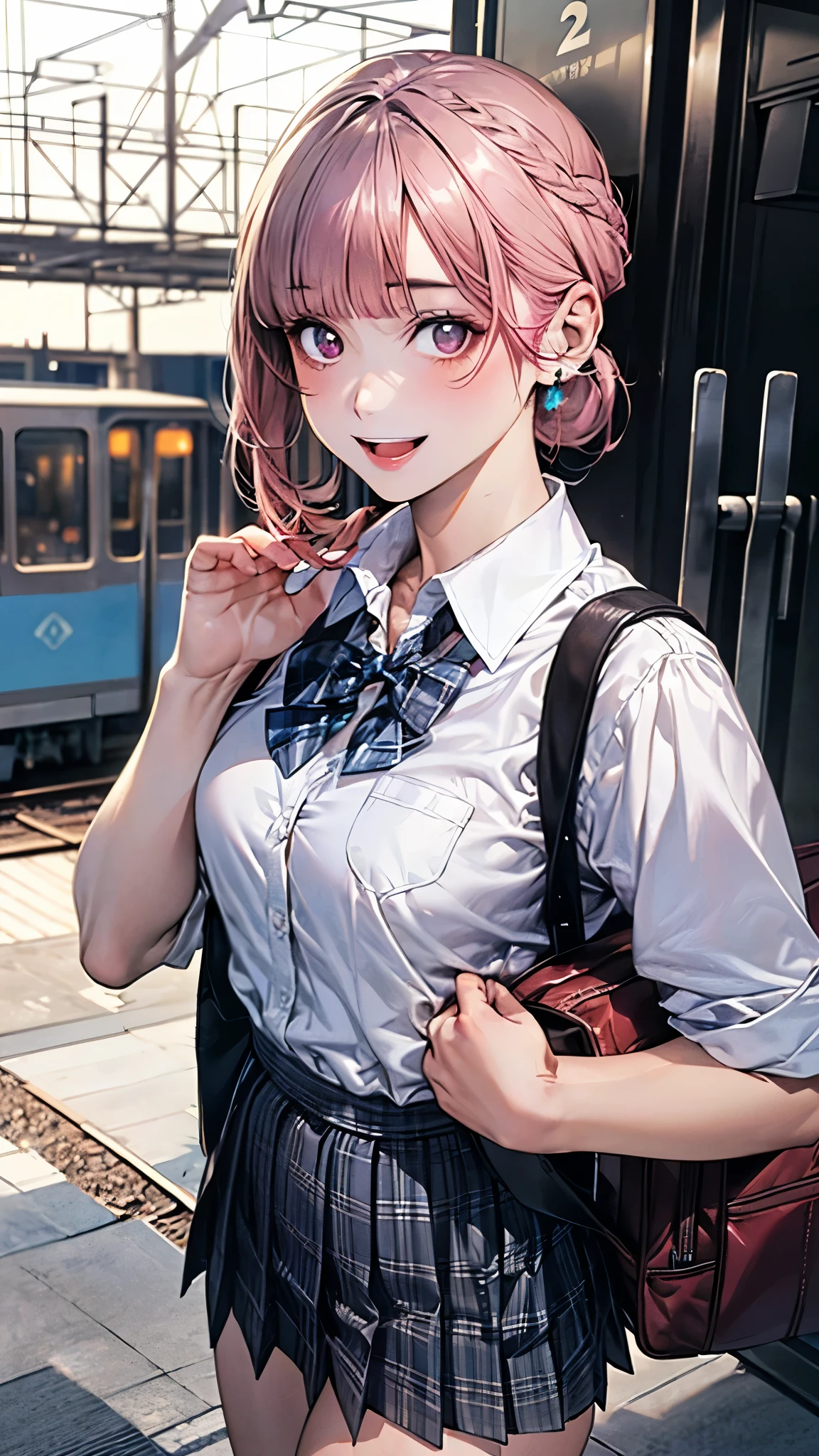 (masterpiece:1.2, top-quality), (realistic, photorealistic:1.4), beautiful illustration, (natural side lighting, movie lighting), depth of fields, nsfw,
beautiful detailed hair, beautiful detailed face, beautiful detailed eyes, beautiful clavicle, beautiful body, beautiful chest, beautiful thigh, beautiful legs,
looking at viewer, 1 girl, 12 years old, (perfect anatomy, anatomically correct, super detailed skin), cute and symmetrical face, perfect face, perfect eyes,
(long hair, (chignon:1.5), sideburns, pink hair), blunt bangs, break purple eyes, big eyeslong eye lasher, (medium breasts, seductive thighs), perfect body, shiny skin, pink skin,
(detailed cloth texture, break white collared shirt, break blue pleated skirt, break blue plaid bow tie), break school bag,
(beautiful scenery), evening, (train station), standing, (lovely smile, open mouth slightly),