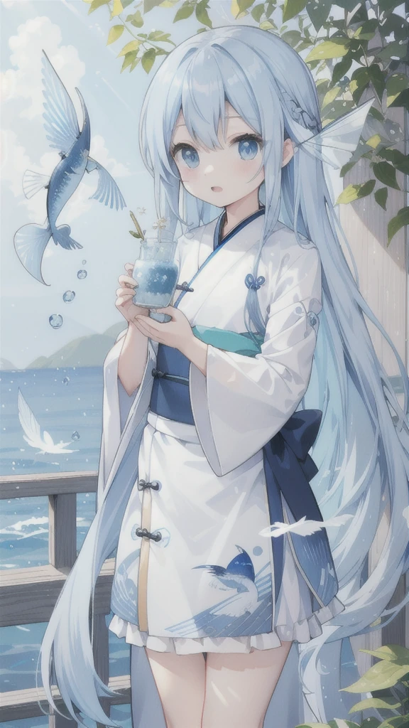 flying fish,Blue and gray Hanfu,light blue long hair,flying fish的鰭長在背後