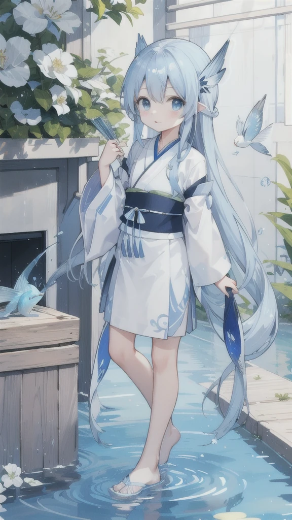 flying fish，Blue and gray Hanfu，light blue long hair，flying fish的鰭長在背後