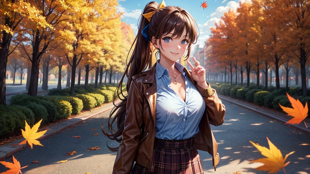 1girl, solo, trees, sun, clouds, autumn, colorful trees, falling leaves, ((brown hair)), ponytail, large breasts, ((brown leather jacket)), button down shirt, ((blue checked shirt)), ((unbuttoned shirt)), unbuttoning buttons, cleavage 1:3, blue eyes, long skirt, brown boots, smile, happy, looking at the viewer, walking, hair ribbon, golden necklate