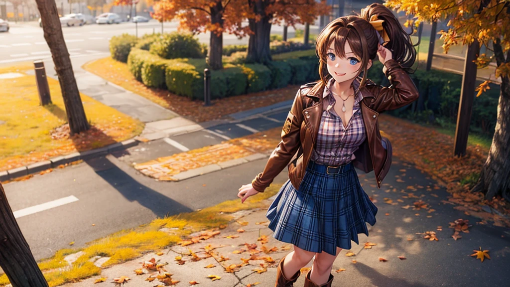 1girl, solo, trees, sun, clouds, autumn, colorful trees, falling leaves, ((brown hair)), ponytail, large breasts, ((brown leather jacket)), button down shirt, ((blue checked shirt)), ((unbuttoned shirt)), unbuttoning buttons, cleavage 1:3, blue eyes, long skirt, brown boots, smile, happy, looking at the viewer, walking, hair ribbon, golden necklate