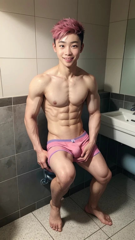 Japanese men、、Muscles and smooth skin、Undercut pink hair、Relaxed and friendly smile、blue and yellow boxer briefs、The whole body is visible from toes to head、Posing in the bathroom、