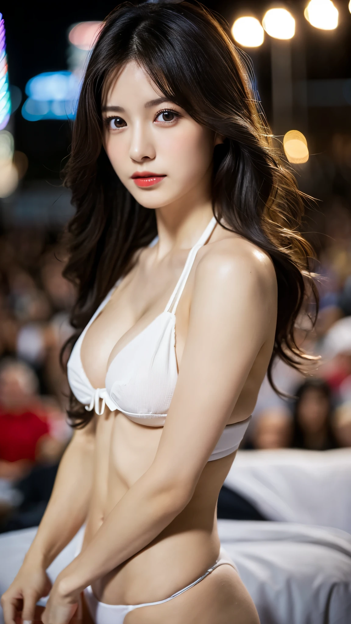 ((masterpiece:1.3)), best quality, Ultra-high resolution, (Realistic:1.4), One woman, wallpaper, Beautiful woman, sexy, Cleavage, (Focus on the chest), dark elf, beautiful face, Fine eyes, Half American, Half Japanese, (Faded grey hair:1), (Huge breasts:1.3), (white bikini), (view audience:1.2), (dark red-brown eyes)、(black hair:1.2), (tie your hair back:1.2), (white skin), (blush:1.2), (Blur the background to make the woman stand out:1.3), (night), starry sky, (full body:1.3), stylish bed