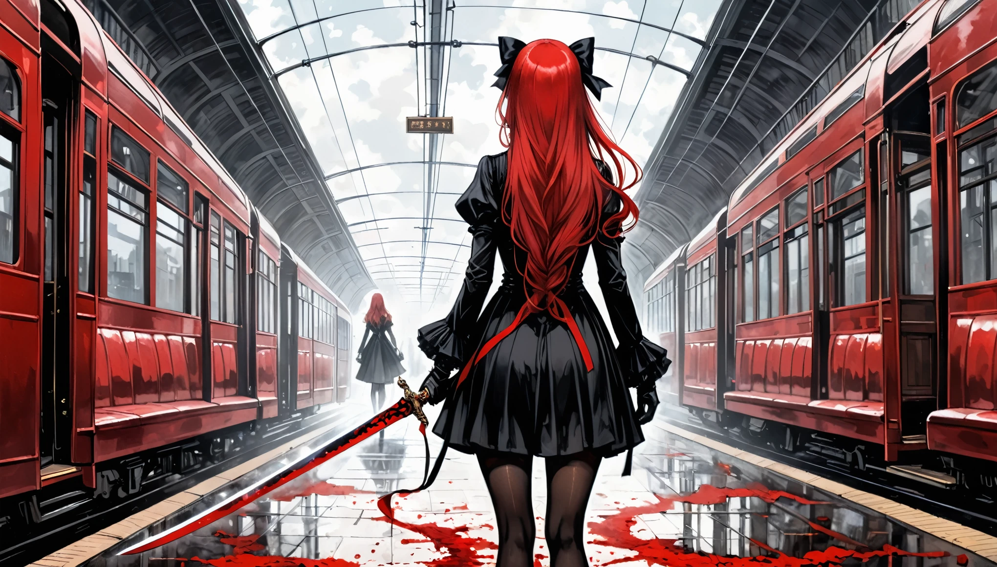in style of Santiago Caruso,in style of Albert Pinkham Ryder,in style of Arthur Wardle,in style of Azusa Takaku
BREAK
1 girl,incredibly long red hair,black hair bow behind the head,small black shawl,white puff sleeve shirt,half-finger gloves,black silk pantyhose,red garter belt,fine sword,red blood line,from behind,tram background,vanishing point composition,from below,looking at viewer,the flowing blood,dead body,wide shot