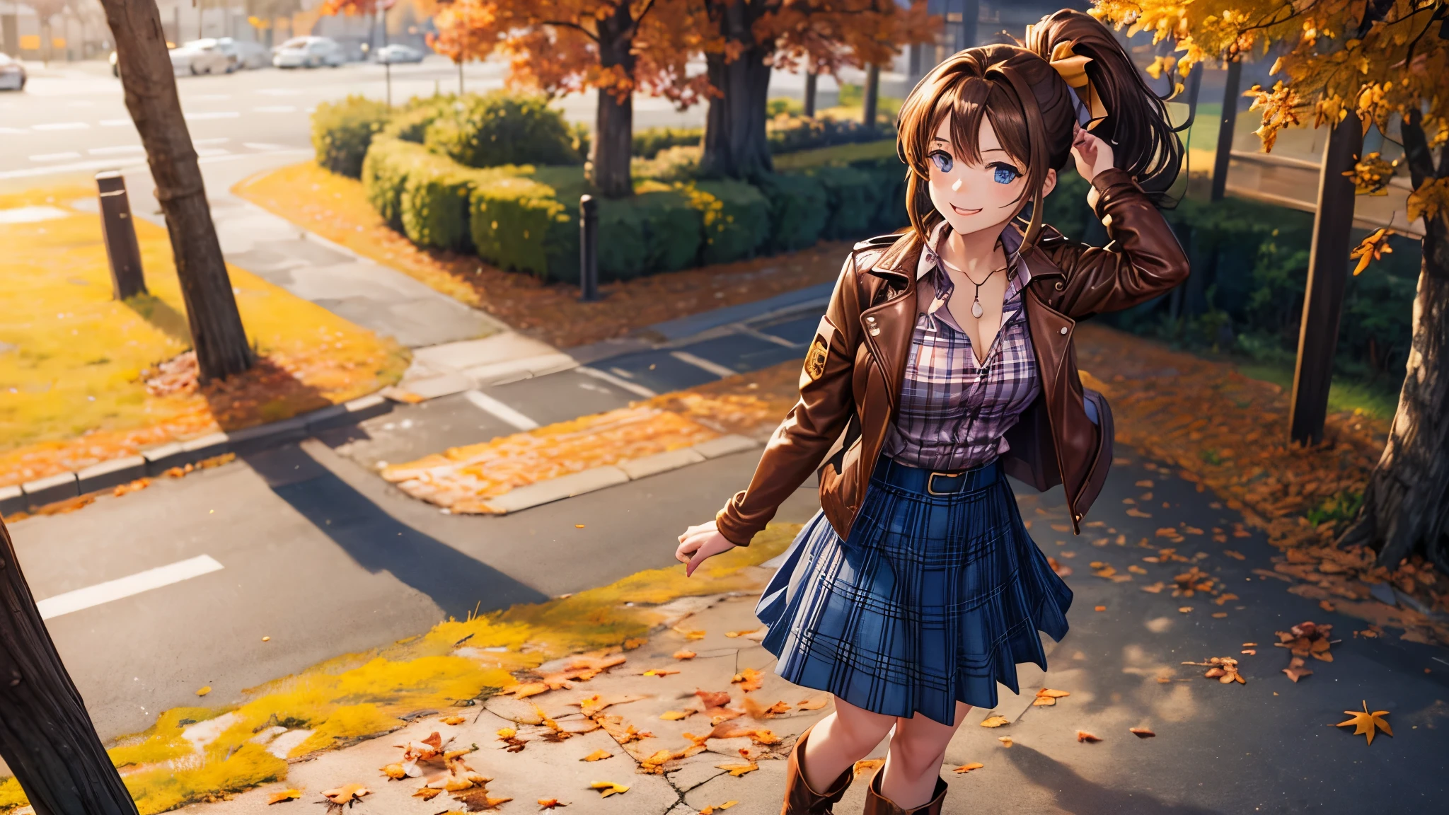 1girl, solo, trees, sun, clouds, autumn, colorful trees, falling leaves, ((brown hair)), ponytail, large breasts, ((brown leather jacket)), button down shirt, ((blue checked shirt)), ((unbuttoned shirt)), unbuttoning buttons, cleavage 1:3, blue eyes, long skirt, brown boots, smile, happy, looking at the viewer, walking, hair ribbon, golden necklate