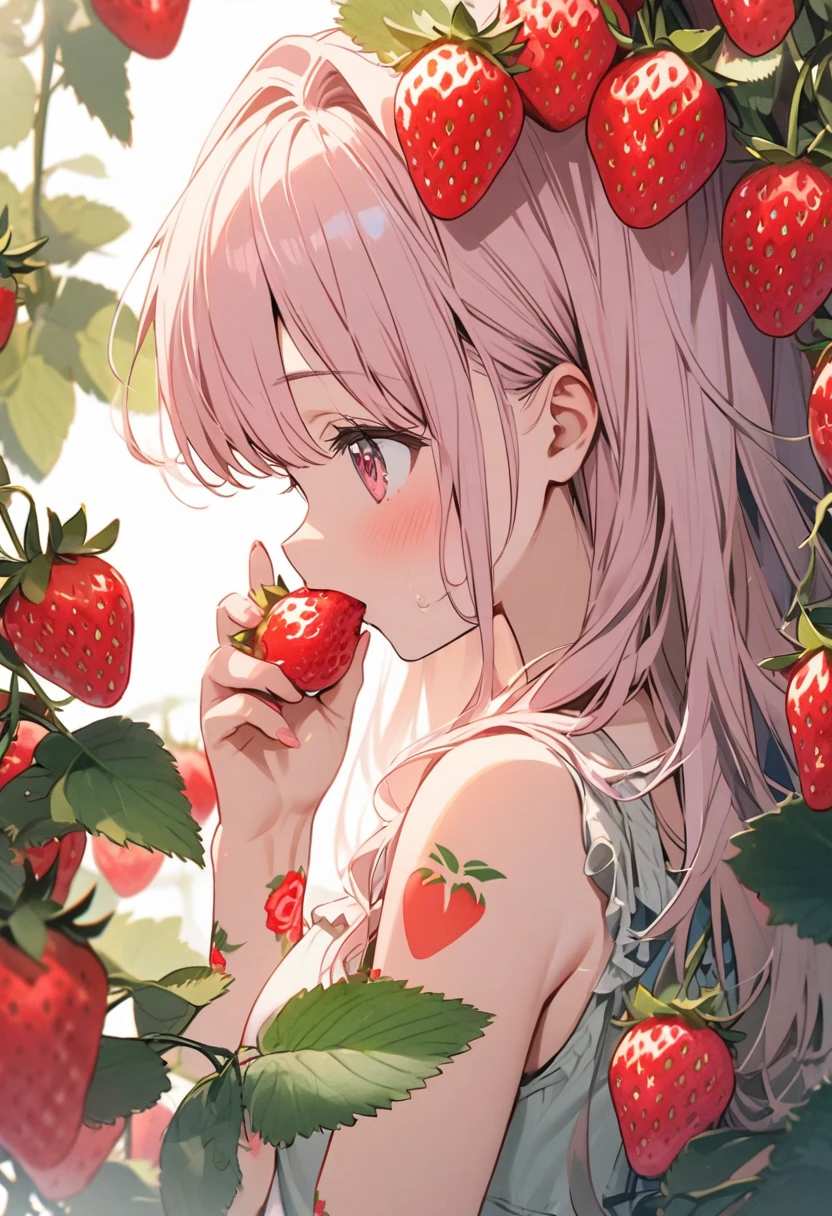 A Strawberry, cute girl, single strawberry tattoo on arm, holding strawberry, side view
