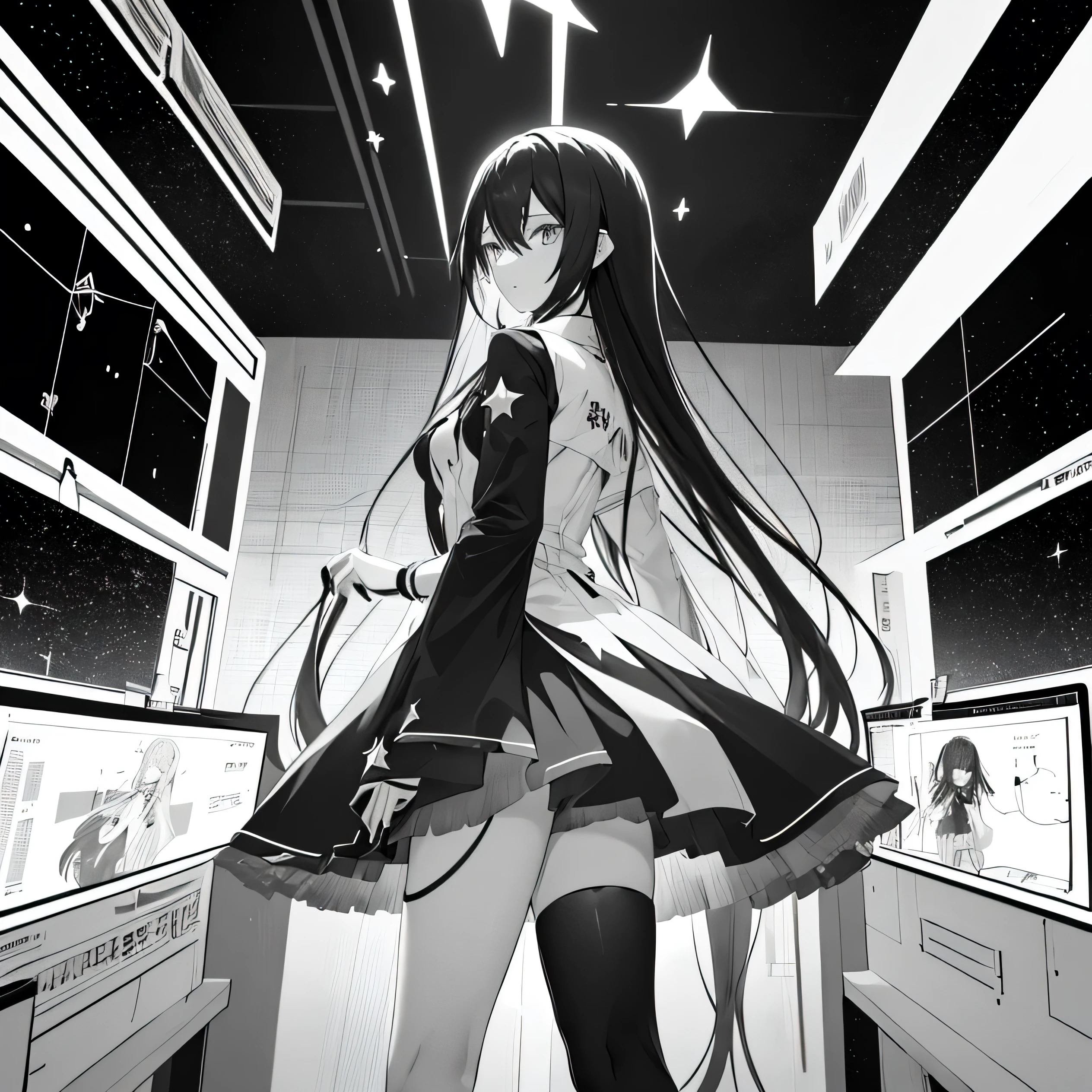 monochrome tone, black & white two tone (all image layer color), An anime girl with long hair standing in front of the sky, Promotional art, Shining Star, Shining Star, Visual Novel CG, official art, Key Art, shooting star, wallpaper!, official fanart, Promotional artwork, milky way,, Visual Novel Key Visual, Writer: H2SO4