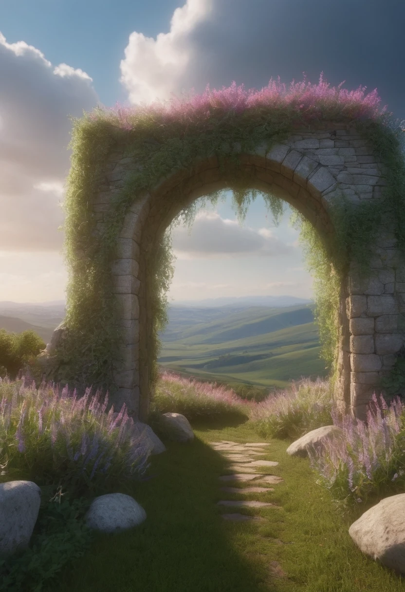 "subject description {A very wide door arch made of stones , intertwined with plants, standing in a landscape of beautiful wildflowers, with a brilliant background of bright light emanating from within}, Image type {photorealistic image}, art styles {Surrealism}, camera {35mm}, shooting {medium shot}, Rendering related information {4k, hyper detailed, ambient light}"