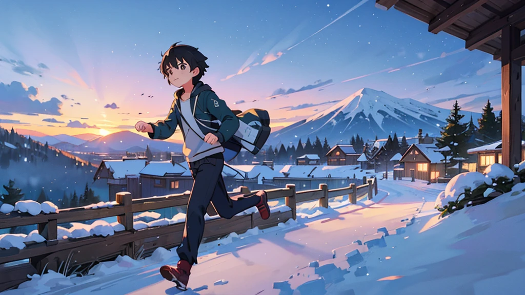 Boy running out of a cabin with snow surrounding him, in the background a town full of lights, an image of Makoto Shinkai, trend on pixiv, conceptual art, guweiz style artwork, Guweiz and Makoto Shinkai, Sakimichan and Makoto Shinkai, ( ( Makoto Shinkai ) ). Kawaii Design, body details (ultra quality 4k) (many details) and sad detailed face
