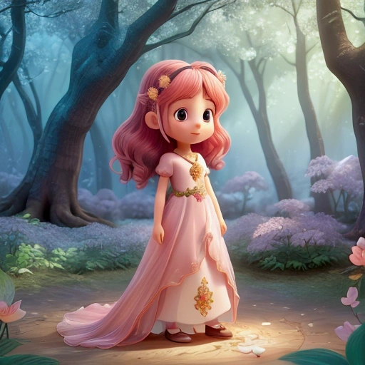 A whimsical digital illustration A young girl named Luna, now in a shimmering gown, wandering through a beautiful, enchanted forest. The forest is filled with glowing flowers, sparkling streams, and tall trees that seem to whisper secrets. Luna looks around.