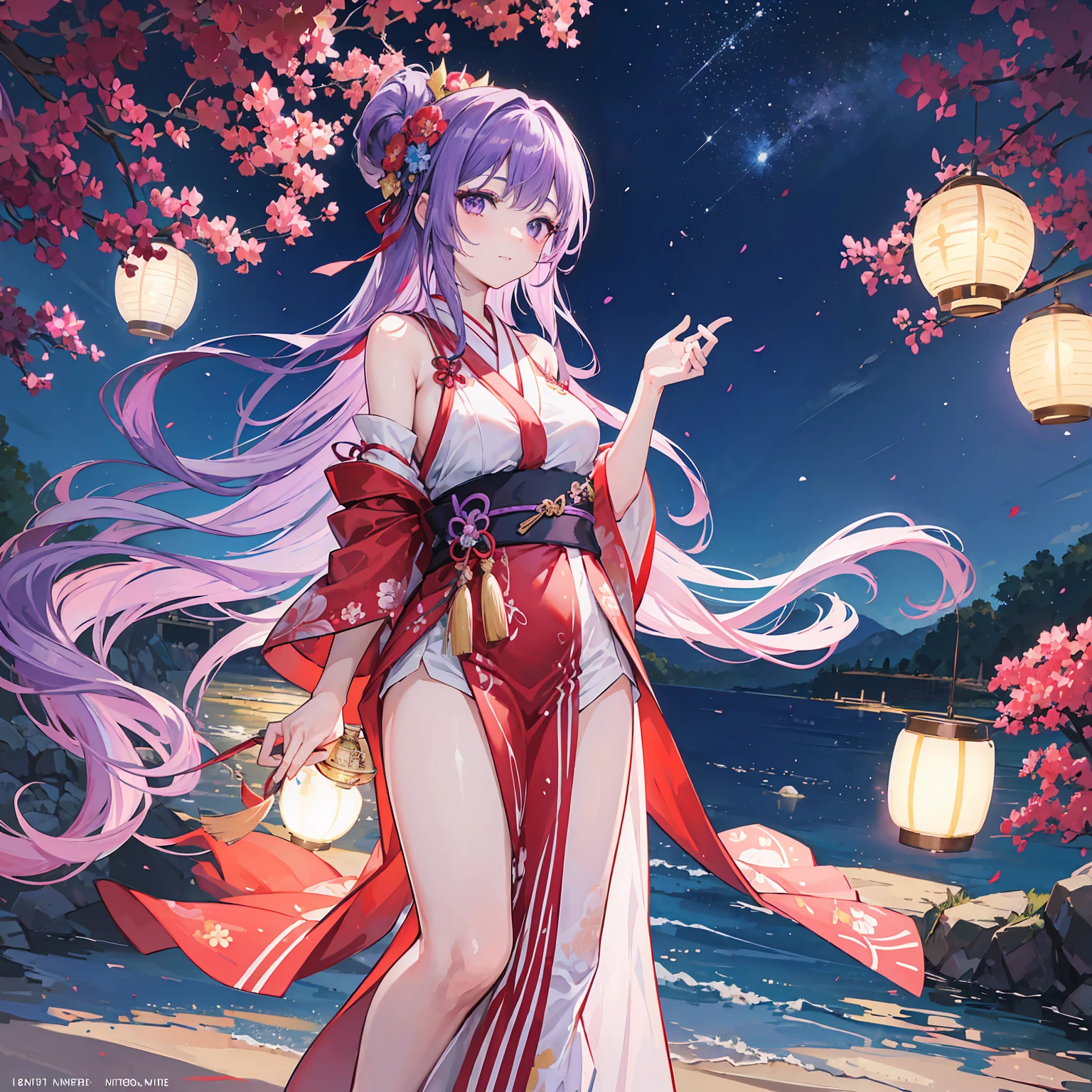 "Create a high-quality, anime-style illustration of a young woman enjoying a summer festival with a stunning view of fireworks illuminating the night sky. She has long, flowing hair that glistens in the warm, festive lights, and her eyes are large and sparkling with excitement. She wears a beautiful yukata adorned with vibrant floral patterns, tied with a colorful obi. She holds a traditional paper fan and a small bag of festival treats. The background features a bustling festival street with colorful lanterns, food stalls, and lively crowds, all set against a backdrop of a picturesque town. Fireworks burst overhead, casting a magical glow over the scene. The color palette should include bright, festive colors such as deep blues, vivid reds, and sparkling golds to capture the lively and celebratory atmosphere of a summer festival. Ensure the overall image exudes a sense of joy and wonder, capturing the essence of a memorable summer night."(40 years old:1.4) 、(1 woman:1.4)、(Light purple hair:1.4),tareme、(straight long hair:1.7), Sexy white thick sweater with a view of your stomach,medium breasts,(droopy eyes:1.2)、Cheek dyeing、(purple right eye:1.4), Black denim pantedium breasts,(red left eye:1.4) 、(Eyeshadow:1.3)、(blush:1.2)、light smile、full body、BREAK (very wide:1.3),(panorama view:1.3),(sense of depth:1.5),(long shot:1.3),(magnificent view:1.3)