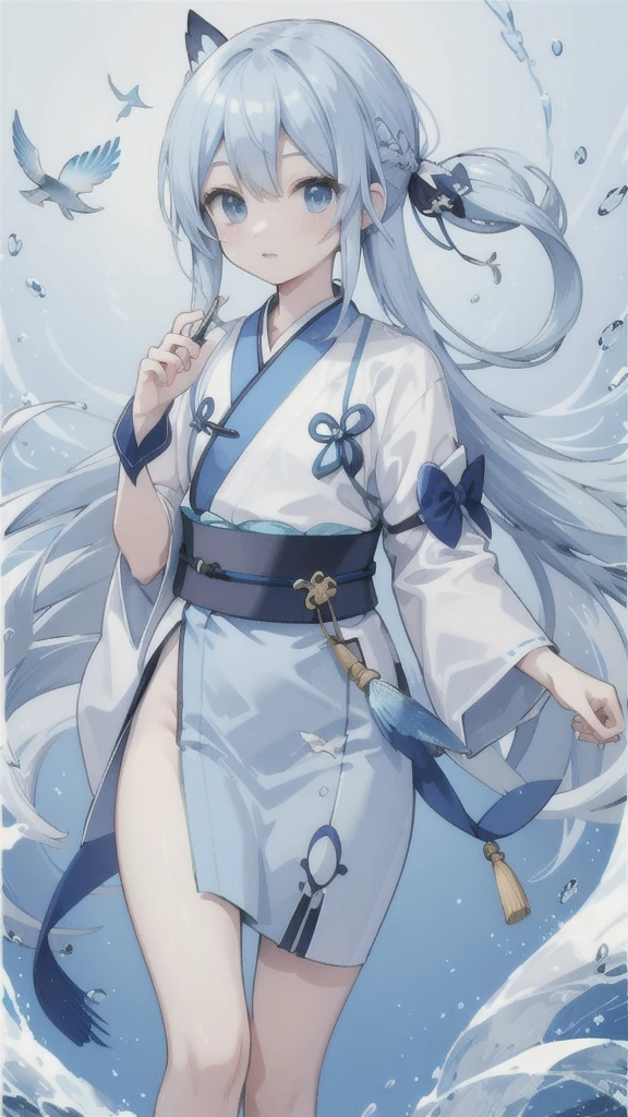flying fish,Blue and gray Hanfu,blue belt,light blue long hair