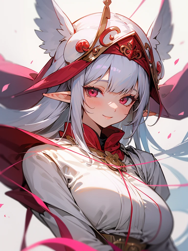 Draw me an mature girl anime,she had a straight bangs and long hair with silver colour,she had a elf ear,and red colour eye. Wearing a priestess pink colour outfit with head cap,she smiling to camera,white background, beautiful art,holy string behind her, flower rose petal around her 