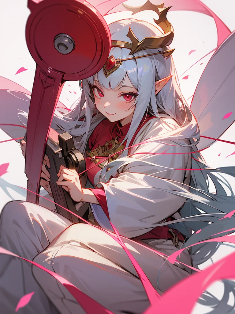Draw me an mature girl anime,she had a straight bangs and long hair with silver colour,she had a elf ear,and red colour eye. Wearing a priestess pink colour outfit with head cap,she smiling to camera,white background, beautiful art,holy string behind her, flower rose petal around her
