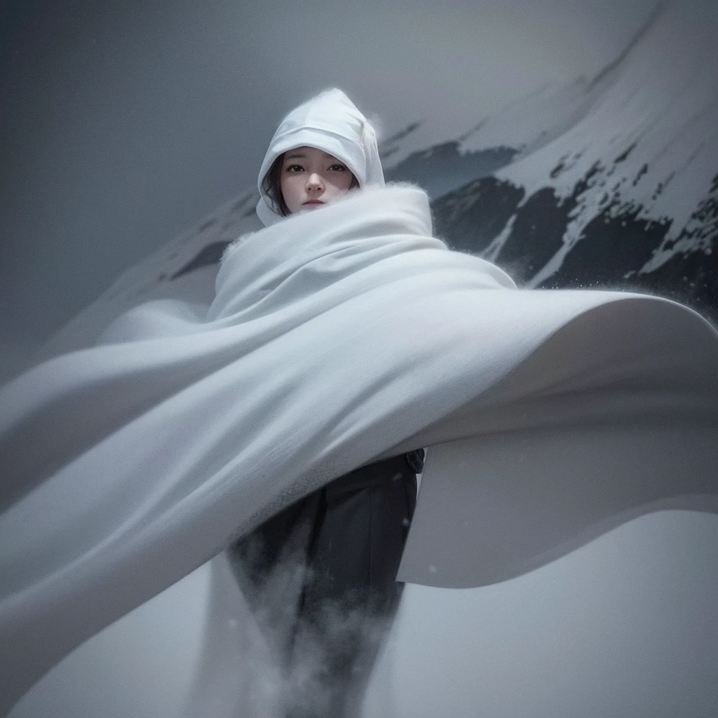 A snow adventurer, Wearing another shabby robe, face covered with cloth, surreal van Goh painting.fighting a snow storm, motion blur, monochromatic, low angle view,