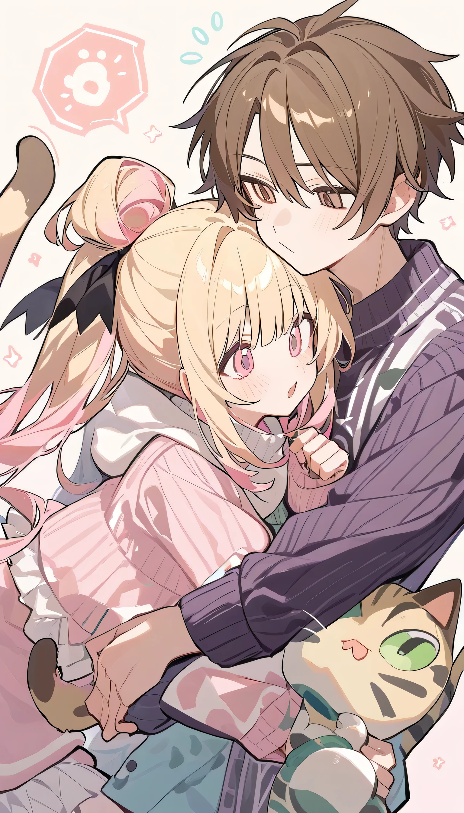 Popular Girl, Blonde, Pastel pink color. And a cunning cat boy with long brown hair.
