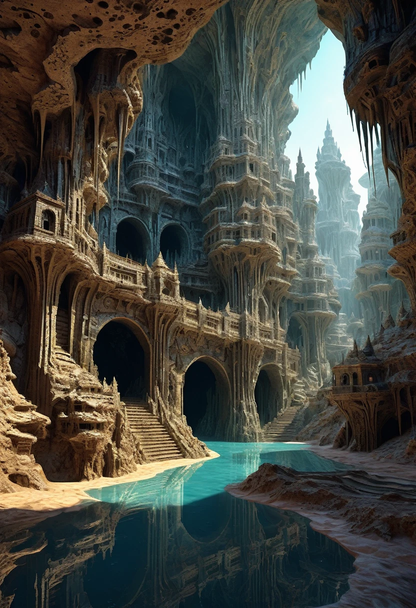 there are many inverted cavities (different rooms, united by mandelbulb projections that form passages) in the middle of an underground canyon that forms a mandelbulb mud village at different heights with many balconies and stalactites and stalactites, fantasy architecture, Highly detailed 4K digital art, beautiful detailed fantasy, stunning fantasy landscape, detailed fantasy digital art, arstation and high beep, fantasy style 8k octane rendering, stuning fantasy 3d rendering, Detailed fantasy in 4K, fantasy 3d rendering, 3D rendering beep, deep and massive desert landscape, stalacmite cave labyrinth type very confusing geonosis bubbes, forming a quarry