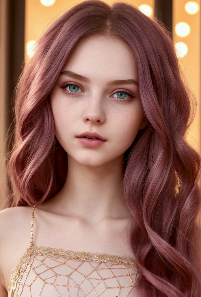 An 18 years old European girl with pale skin and long, wavy rose_gold hair. large and magenta colored eyes, full lips, with an adorable, and innocent face. She should have a happy expression, wearing a pink, gold, and rose gold colored dress, with an elegant and spider web lace theme, something that emphasizes her sweet and compassionate personality. Overall, her appearance would be striking, attracting curious looks. small chested, slender, petit, cinematic lighting, chromatic aberration, backlighting, masterpiece, high details, high quality, 4K.