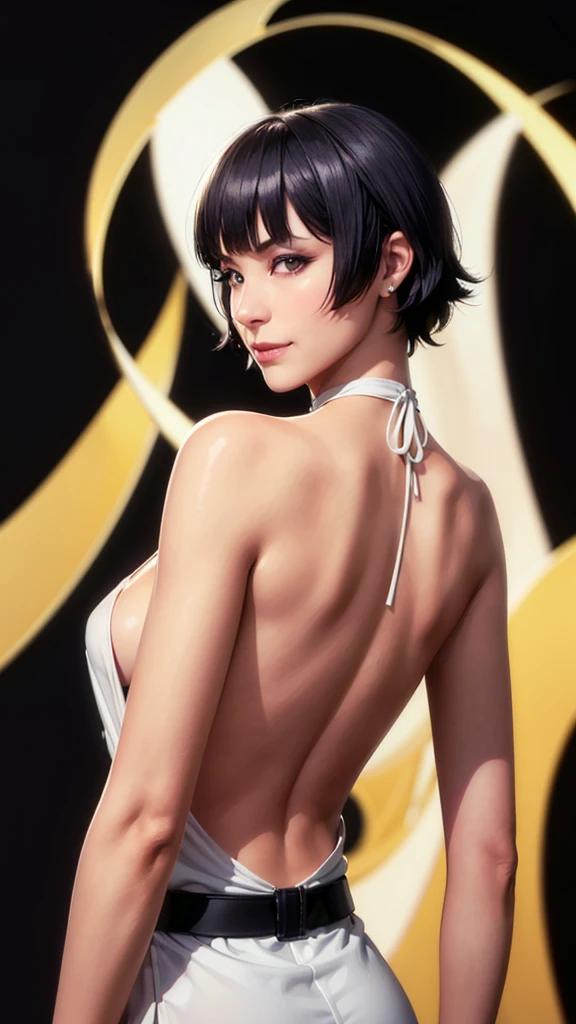 (（（Perfect body,White and tender skin,（（（japanese clothes, sideboob，Black top, Gold belt, black sleeves, black Japanese pants ）））,（（（sui-feng, short hair, short hair with long locks，Black hair））），((masterpiece)),high resolution, ((Best quality at best)),masterpiece,quality,Best quality,（（（ Exquisite facial features,Looking at the audience,There is light in the eyes,Smile））），From the back）））,（（（Light and shadow,Small chest，）））,（（（Looking at the camera,black background,)））),