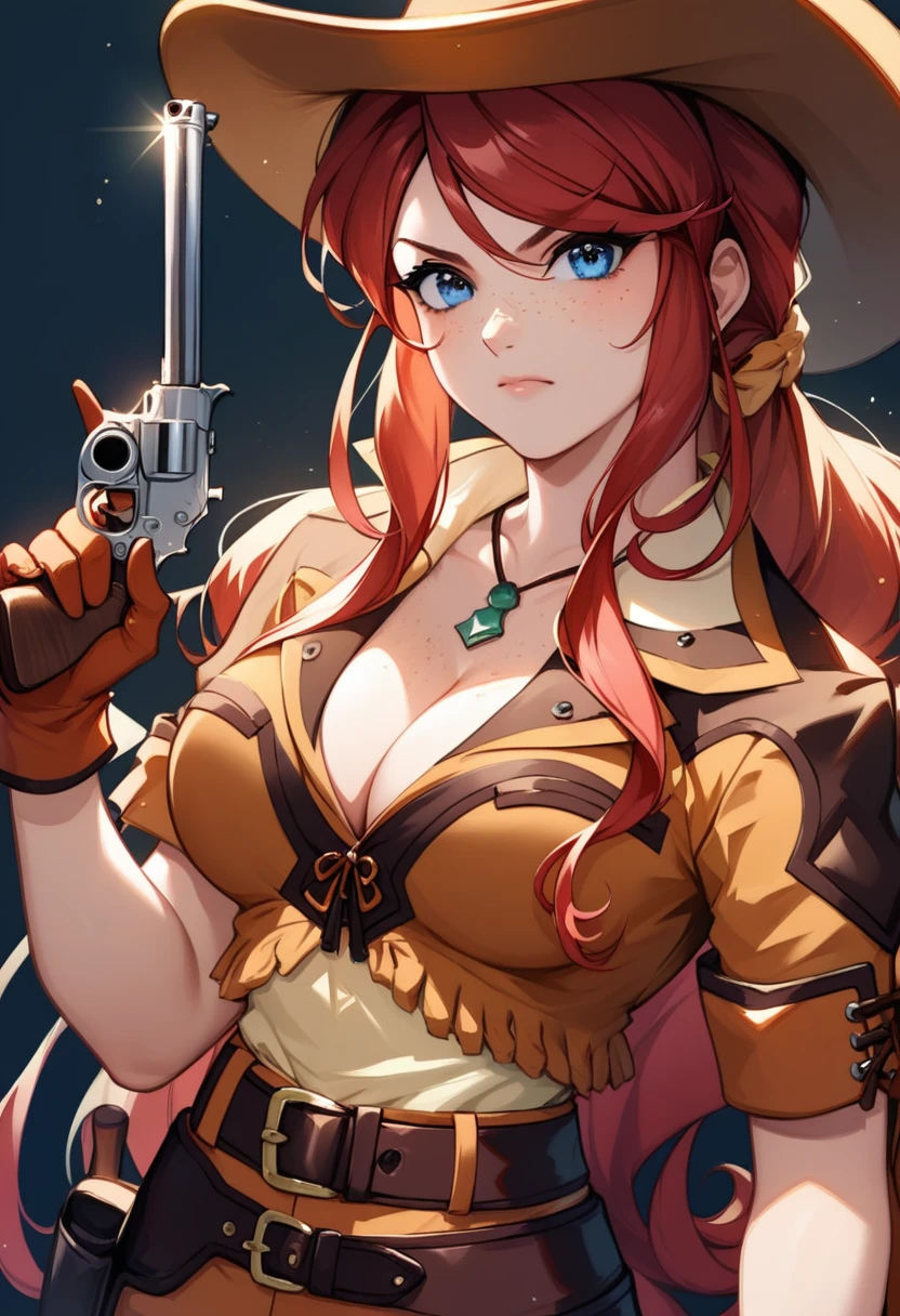 score_9, score_8_up, score_7_up, very aesthetic, source_anime, detailed, high quality, beautiful, masterpiece, detailed eyes,
(Simple dark background), blurry background,
cowboy shot, upper body, close-up, (angry facial expression), facing the viewer, looking at the viewer,
gemini sunrise, red hair, long hair, blue eyes, freckles, sidelocks, big breasts, cleavage,
belt, thigh strap, cowboy hat, cowboy boots, fringe trim, gloves, miniskirt, revolver gun, zPDXL