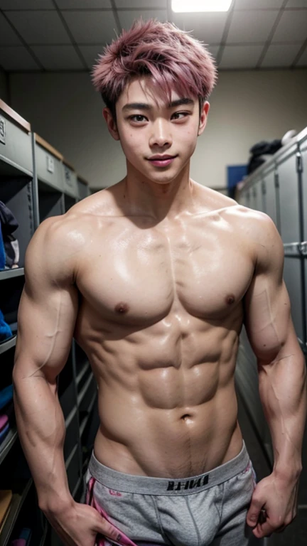 Japanese men、、The whole body is visible、Lightweight grey boxer briefs、Undercut pink hair、Posing in the locker room、Relaxed smile、Underdeveloped muscles and smooth skin