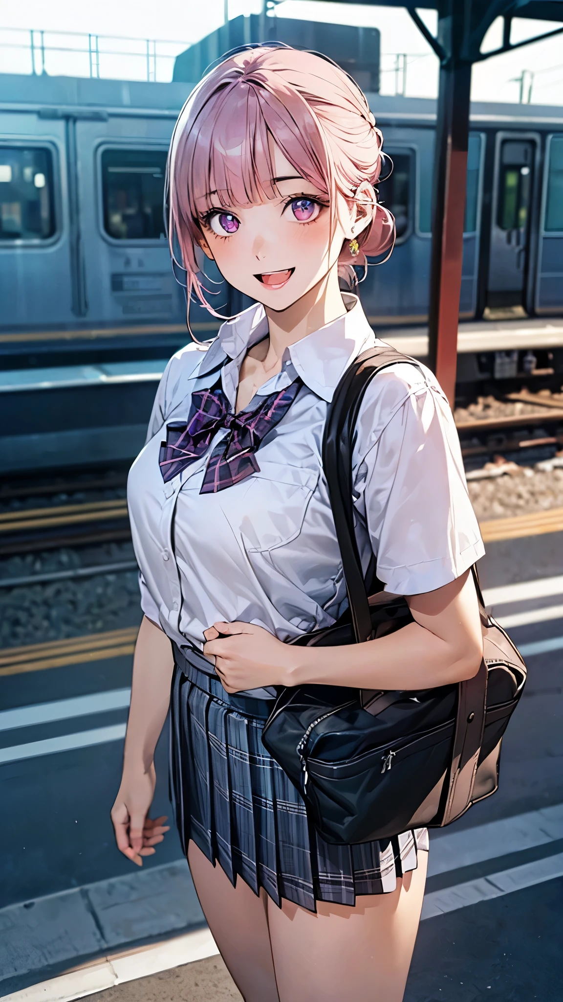 (masterpiece:1.2, top-quality), (realistic, photorealistic:1.4), beautiful illustration, (natural side lighting, movie lighting), depth of fields, nsfw,
beautiful detailed hair, beautiful detailed face, beautiful detailed eyes, beautiful clavicle, beautiful body, beautiful chest, beautiful thigh, beautiful legs,
looking at viewer, 1 girl, 12 years old, (perfect anatomy, anatomically correct, super detailed skin), cute and symmetrical face, perfect face, perfect eyes,
(long hair, (chignon:1.5), sideburns, pink hair), blunt bangs, break purple eyes, big eyeslong eye lasher, (medium breasts, seductive thighs), perfect body, shiny skin, pink skin,
(detailed cloth texture, break white collared shirt, break blue pleated skirt, break blue plaid bow tie), break school bag,
(beautiful scenery), evening, (train station), standing, (lovely smile, open mouth slightly),