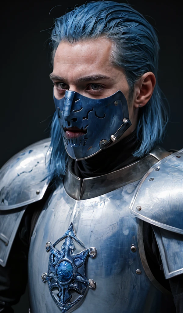 Man. Dark blue eye color. Blue hair. Bright skin. Knight. High Duke Knight. Looks at the viewer. Solo. 45 years. Pleasant facial features. Brutal. High. In the armor of a knight., 1200 PPI – Photographic resolution with greater central realism, Hyper-realistic, cinematic high-fidelity 16K UHD image resolution