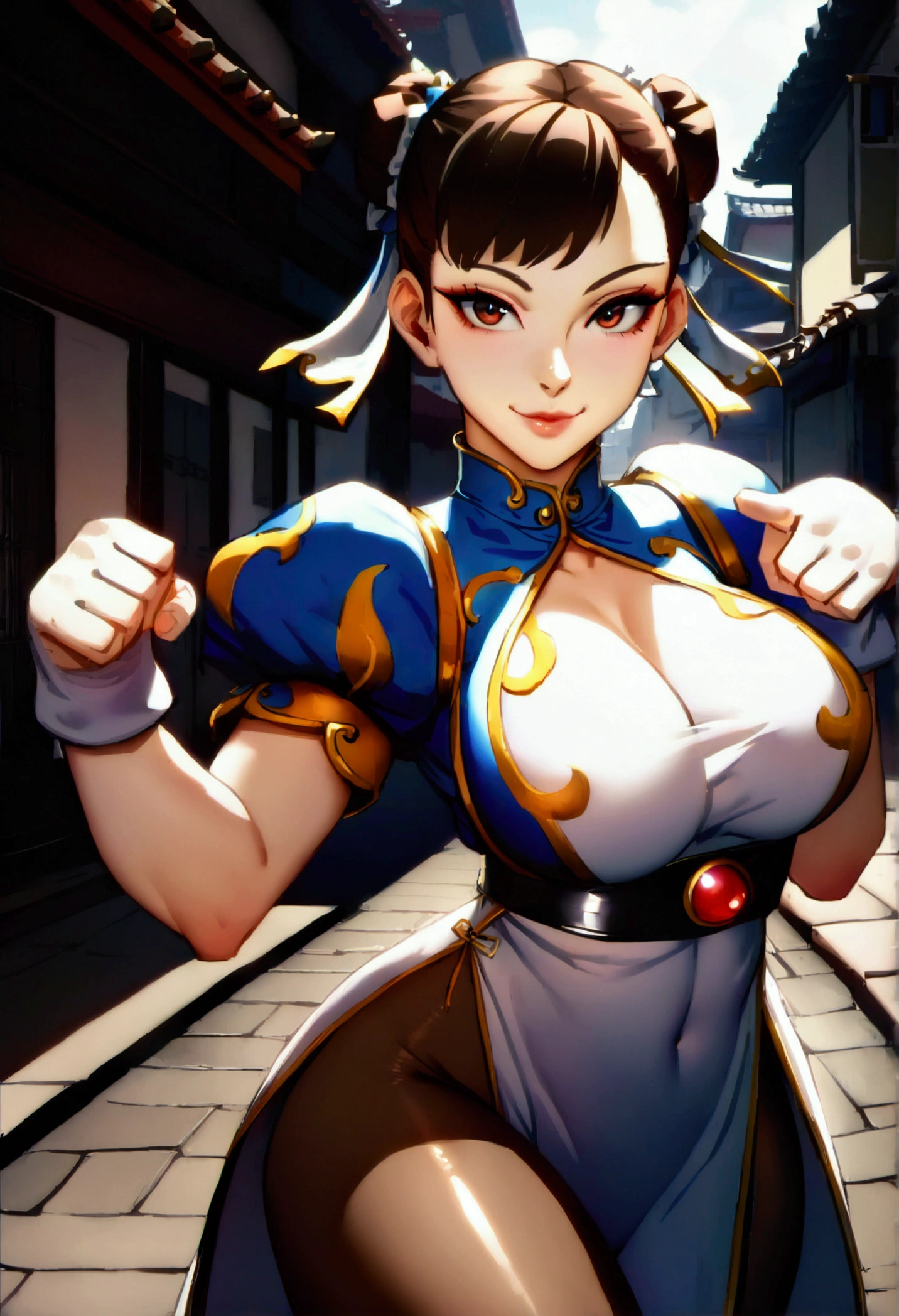 Chun-Li, Street Fighter, Beautiful Tits ,beautifuleyes, sexy thighs, , looking straight ahead, beautifuleyes escuros, detailedeyes, nice face, brown pantyhose, White Boots, victory pose, beautiful smile , in a Chinese city in the afternoon