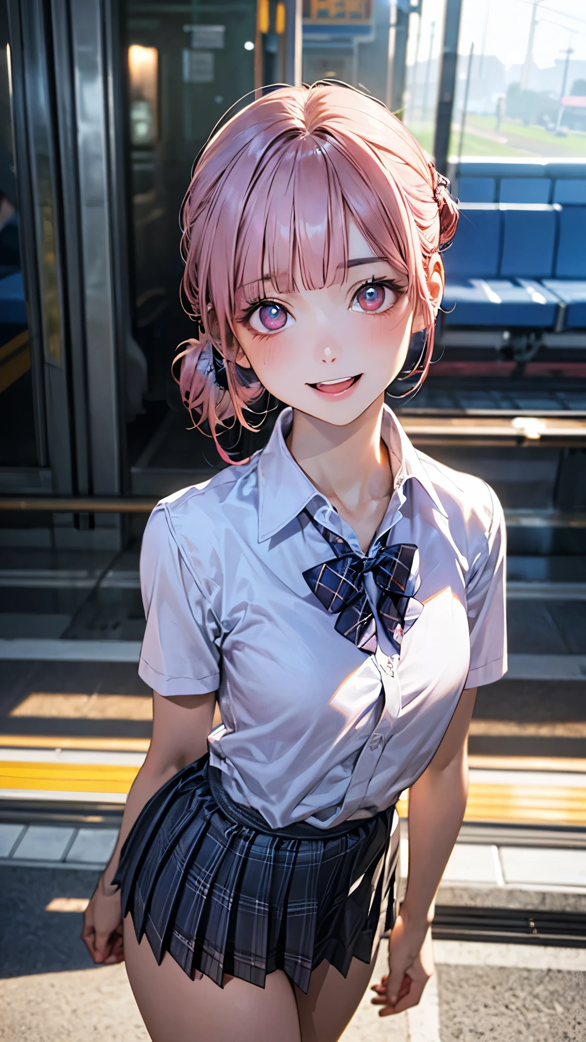 (masterpiece:1.2, top-quality), (realistic, photorealistic:1.4), beautiful illustration, (natural side lighting, movie lighting), depth of fields, nsfw,
beautiful detailed hair, beautiful detailed face, beautiful detailed eyes, beautiful clavicle, beautiful body, beautiful chest, beautiful thigh, beautiful legs,
looking at viewer, 1 girl, , (perfect anatomy, anatomically correct, super detailed skin), cute and symmetrical face, perfect face, perfect eyes,
(long hair, (chignon:1.5), sideburns, pink hair), blunt bangs, break purple eyes, big eyes, long eye lasher, (medium breasts, seductive thighs), perfect body, shiny skin, pink skin,
(detailed cloth texture, break white collared shirt, break blue pleated skirt, break blue plaid bow tie), break
(beautiful scenery), evening, (train station), standing, (lovely smile, open mouth slightly),