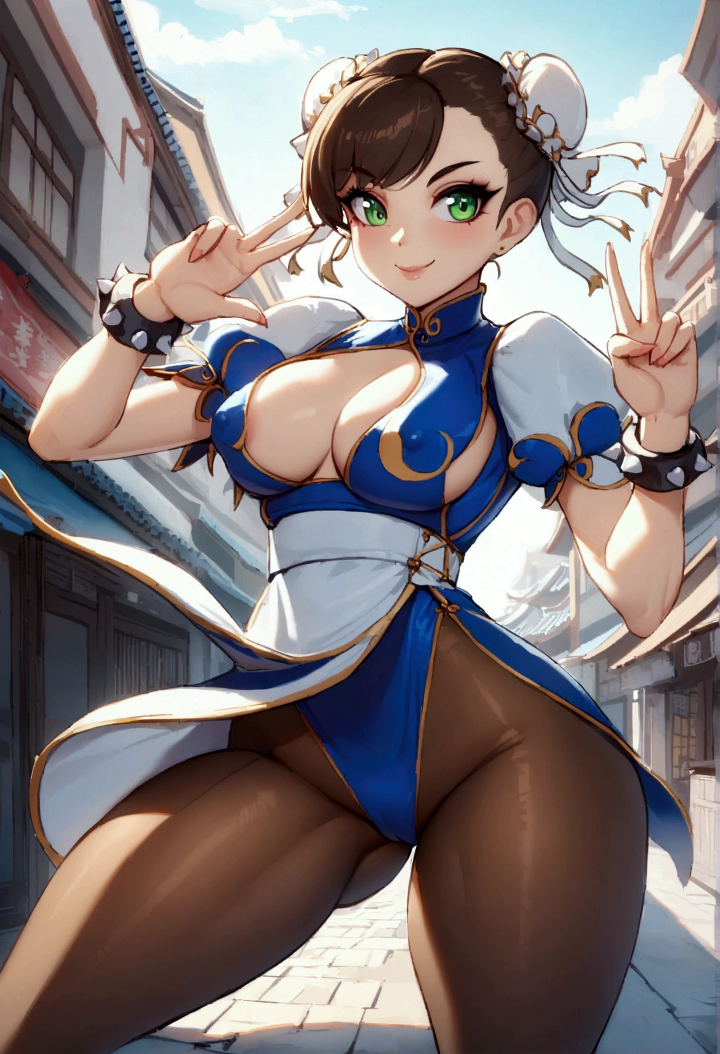 Chun-Li, Street Fighter, Beautiful Tits ,beautifuleyes, sexy thighs, , looking straight ahead, beautifuleyes escuros, detailedeyes, nice face, brown pantyhose, White Boots, victory pose, beautiful smile , in a Chinese city in the afternoon