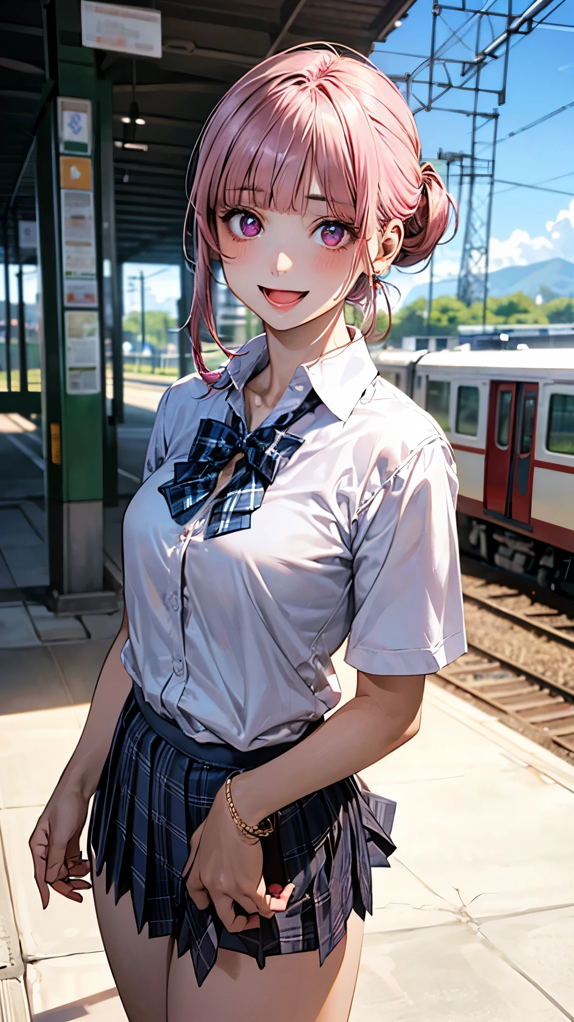 (masterpiece:1.2, top-quality), (realistic, photorealistic:1.4), beautiful illustration, (natural side lighting, movie lighting), depth of fields, nsfw, 
beautiful detailed hair, beautiful detailed face, beautiful detailed eyes, beautiful clavicle, beautiful body, beautiful chest, beautiful thigh, beautiful legs, 
looking at viewer, 1 girl, 12 years old, (perfect anatomy, anatomically correct, super detailed skin), cute and symmetrical face, perfect face, perfect eyes, 
(long hair, (chignon:1.5), sideburns, pink hair), blunt bangs, break purple eyes, big eyes, long eye lasher, (medium breasts, seductive thighs), perfect body, shiny skin, pink skin, 
(detailed cloth texture, break white collared shirt, break blue pleated skirt, break blue plaid bow tie), break 
(beautiful scenery), evening, (train station), standing, (lovely smile, open mouth slightly), 