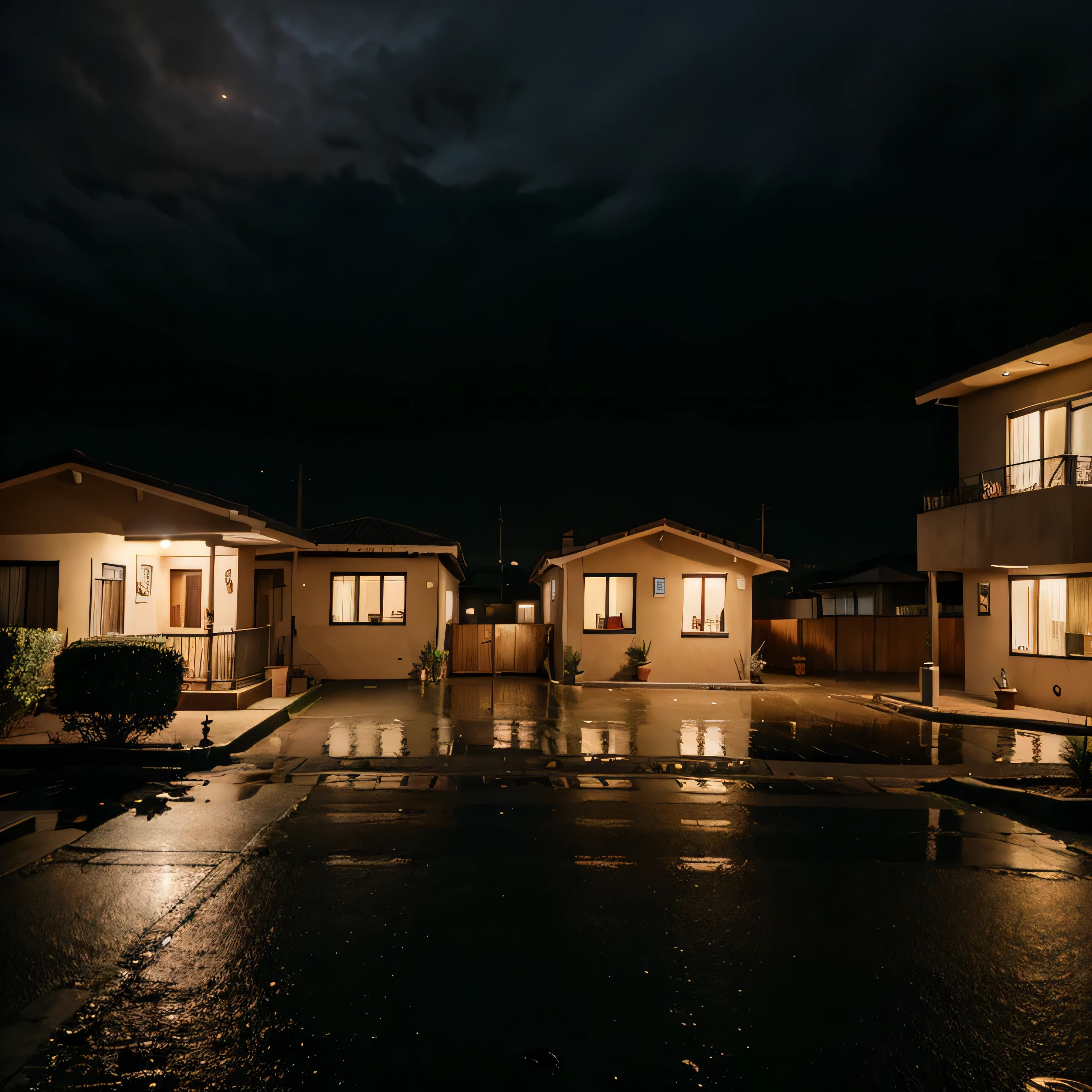 Chilean middle-class neighborhood houses on a rainy night in the midst of a power outage