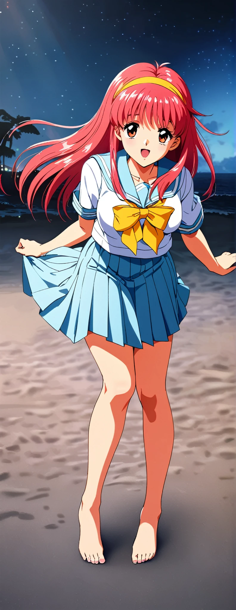 Straight Hair、Long Hair、Shiny light red hair color,(Light blue short sleeve white sailor suit:1.5),The collar is light blue,Yellow headband,The large ribbon on the front of the sailor suit is yellow.,(Light blue pleated skirt:1.5),Looks about 15 years old, (beautiful girl: 1.3),A big smile,Big, round eyes、Eyes are red,Highest quality,8k,Highly detailed CG unit wallpaper,masterpiece:1.2,top-quality,Ultra-high resolution,RAW Photos,real texture skin,Cinema Lighting,女の子はbeautiful girlの幼馴染,Big, round, beautifully shaped butt,Large Breasts,((Sandy beach at night,barefoot,peace sign)),