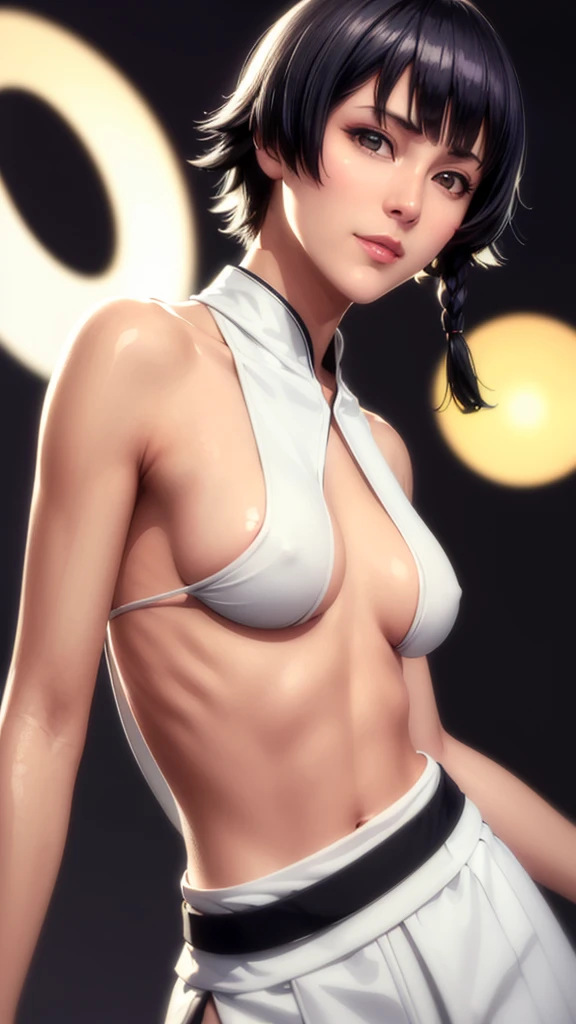 (((Perfect body,White and tender skin,(((japanese clothes, sideboob,Black top, Gold belt, black sleeves, black Japanese pants ))),(((sui-feng, short hair, short hair with long locks,Black hair))),((masterpiece)),high resolution, ((Best quality at best)),masterpiece,quality,Best quality,((( Exquisite facial features,Looking at the audience,There is light in the eyes,Smile))),From the back))),(((Light and shadow,Small chest,))),(((Looking at the camera,black background,)))),