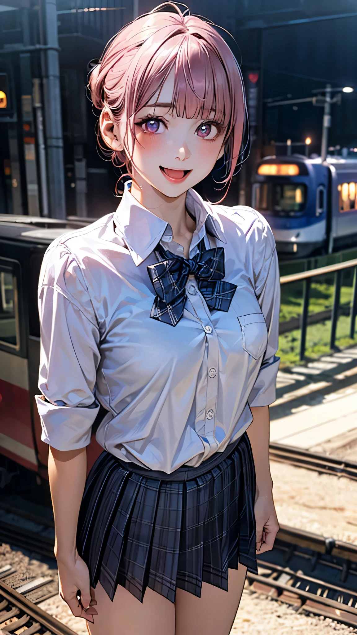 (masterpiece:1.2, top-quality), (realistic, photorealistic:1.4), beautiful illustration, (natural side lighting, movie lighting), depth of fields, nsfw,
beautiful detailed hair, beautiful detailed face, beautiful detailed eyes, beautiful clavicle, beautiful body, beautiful chest, beautiful thigh, beautiful legs,
looking at viewer, 1 girl, 12 years old, (perfect anatomy, anatomically correct, super detailed skin), cute and symmetrical face, perfect face, perfect eyes,
(long hair, (chignon:1.5), sideburns, pink hair), blunt bangs, break purple eyes, big eyes, long eye lasher, (medium breasts, seductive thighs), perfect body, shiny skin, pink skin,
(detailed cloth texture, break white collared shirt, break blue pleated skirt, break blue plaid bow tie), break
(beautiful scenery), evening, (train station), standing, (lovely smile, open mouth slightly),