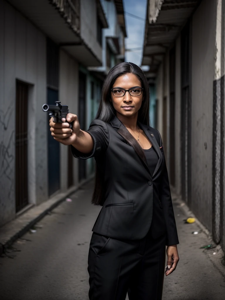 photo of slim woman with long hair and black glasses wearing a black suit, holding gun in hand ,with the other hand is in his trouser pocket, pointing the barrel to camera, with the background of a favela in Rio de Janeiro