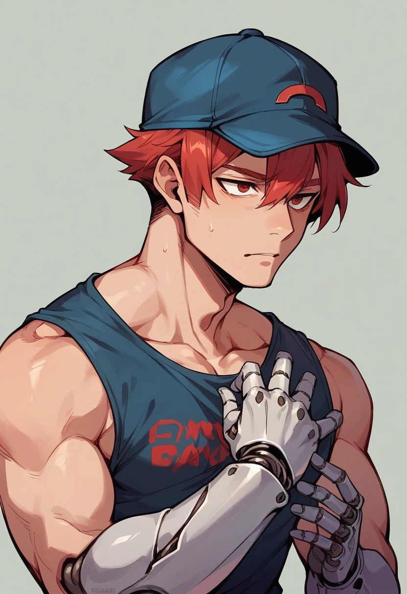 Human Male red hair ,hat cap ,robotic arms,robot joints , 